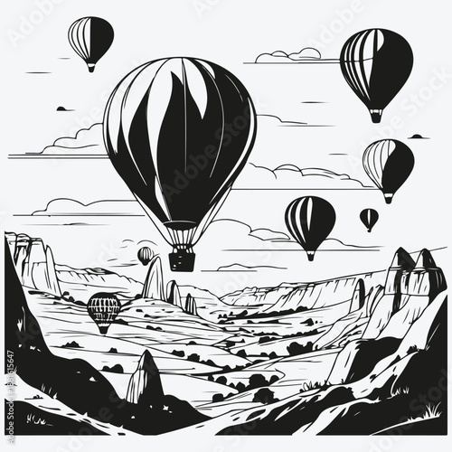 Cappadocia landscapes with hot air balloons sketch illustration vector