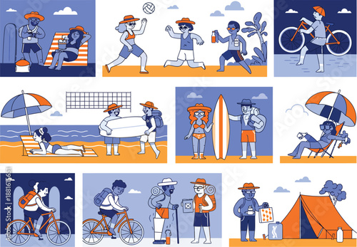 Vibrant blue and orange themed illustration set featuring summer leisure activities like volleyball, bike riding, sunbathing at the beach, and forest hiking with a tent.