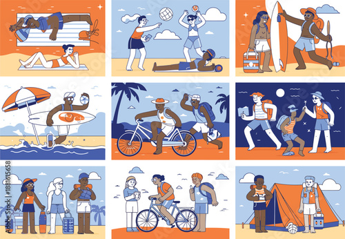 Multi-panel illustration of people enjoying summer vacation activities including beach sunbathing, surfing, cycling, hiking, camping, and mountain exploring.