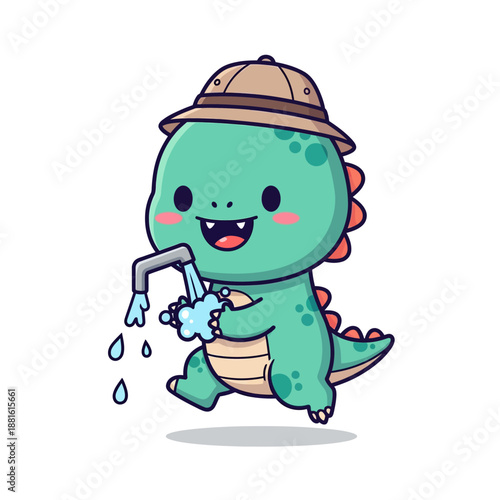Cute cartoon dinosaur character wearing a safari hat and watering plants