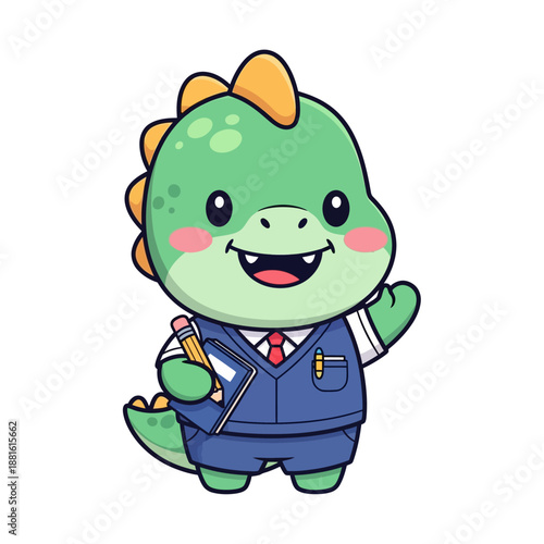 Adorable cartoon dinosaur dressed as a business professional holding a pencil
