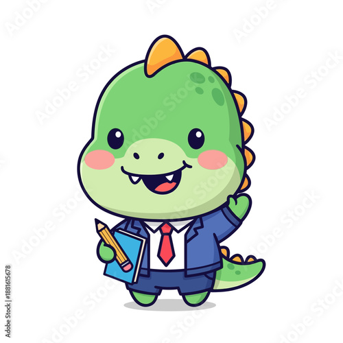 Adorable cartoon dinosaur character dressed as a businessman holding a pencil