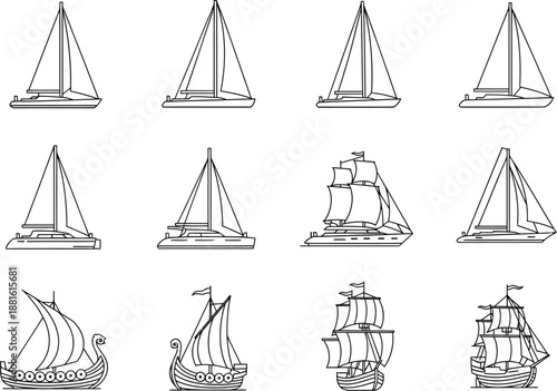 Set of traditional and modern sailing vessel icons including yachts, sailboats, historic galleons, and viking ships in a minimalist black line art style.
