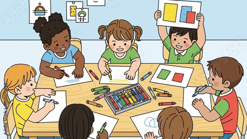 Children sitting at a table drawing.