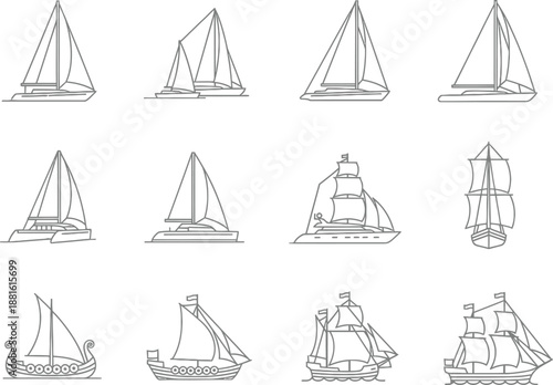 Minimalist collection of boat and ship line art icons featuring various sailboat designs, luxury yachts, and historic maritime vessels on white background.