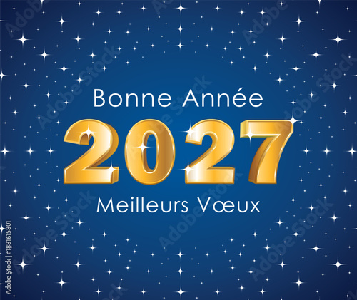 Happy New Year. 3D gold number 2027 on a starry blue background. Hand-drawn vector illustration. French greeting card.