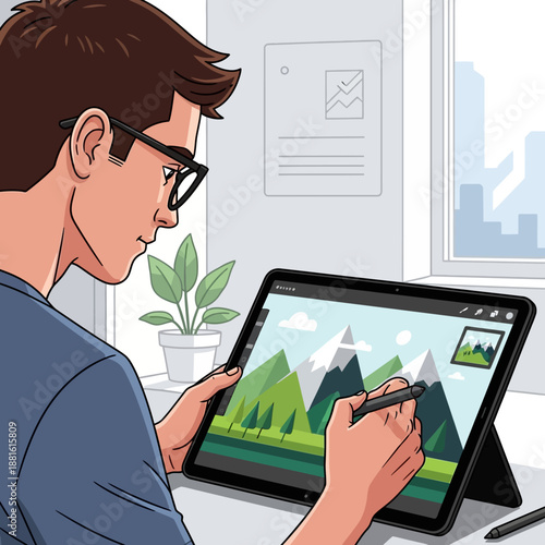 Digital artist drawing mountain landscape on tablet, creative workspace, illustration