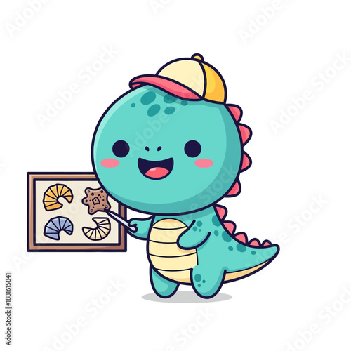 Adorable cartoon dinosaur presenting a marine fossils chart for children's