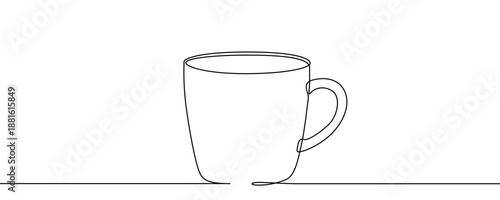 Classic cup with a handle, filled with a hot beverage. Symbol of coffee, tea, break or comfort in one line art style with editable black stroke. Vector illustration.
