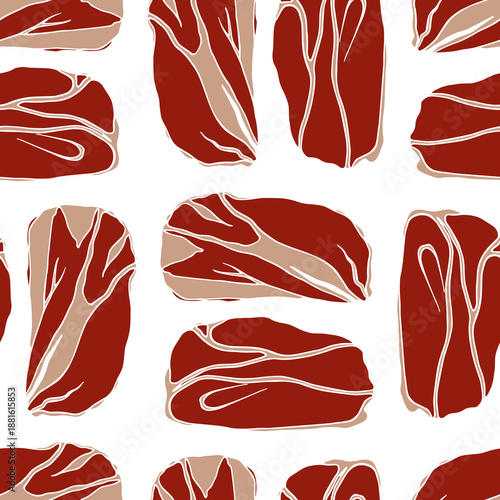Vector seamless pattern with hand drawn slices of cured meats. Beautiful food design elements, perfect for prints and patterns