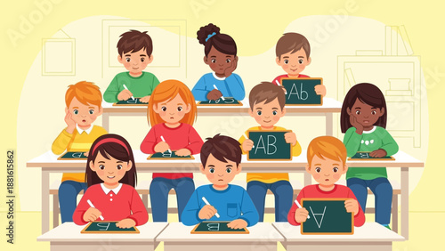 Children sitting at desks in classroom.