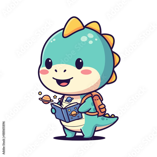 Adorable cartoon dinosaur character with backpack reading a book for children