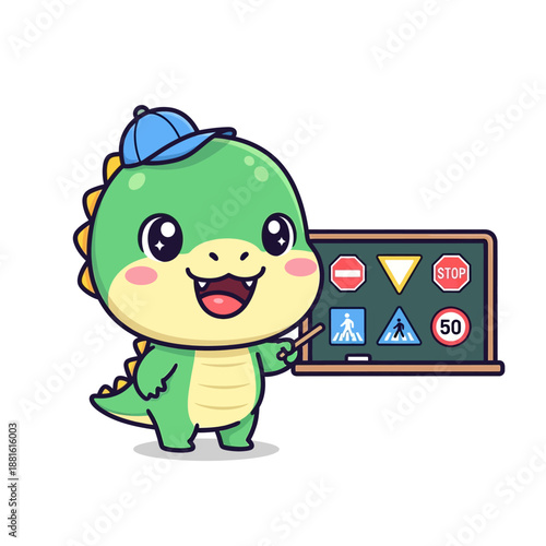 Cute cartoon dinosaur character with traffic signs engaging children in road