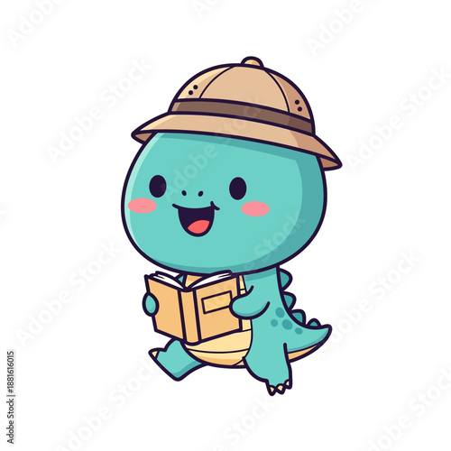 Adorable cartoon dinosaur enjoying reading a book with a hat cheerful and