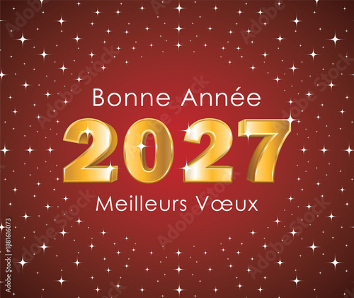 Happy New Year. 3D gold number 2027 on a starry red background. Hand-drawn vector illustration. French greeting card.