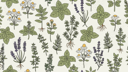 Delicate botanical illustration featuring various herbs and wildflowers in