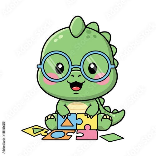 Adorable cartoon dinosaur with glasses playing colorful puzzle game for children