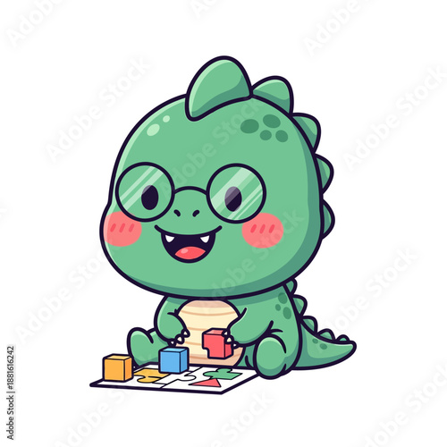 Cute cartoon dinosaur playing with colorful building blocks and toys for