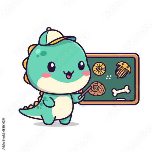 Cute cartoon dinosaur character teaching about fossils and bones on a digital