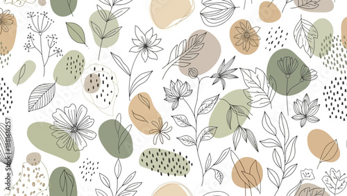 Delicate botanical sketch pattern with soft earth tones for design