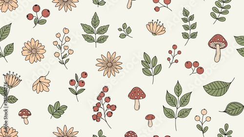 Delicate botanical pattern featuring whimsical flowers mushrooms and berries