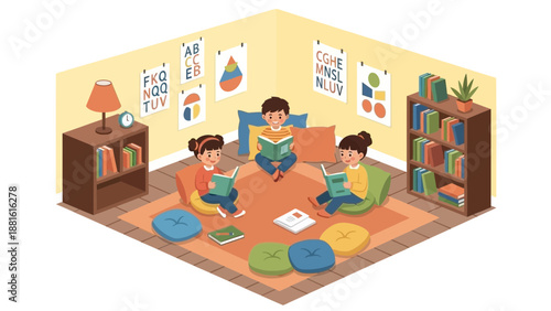 Children sitting on floor reading books.