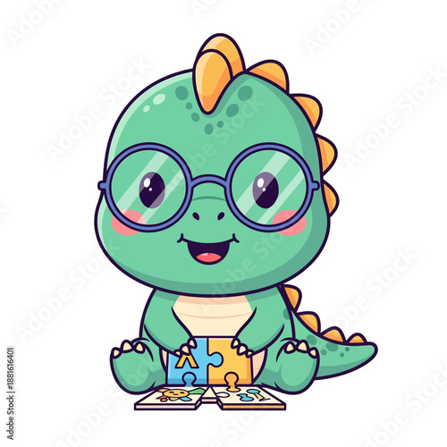 Adorable cartoon dinosaur with glasses engaging with educational puzzle