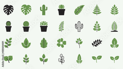 Collection of Various Minimalist Green Plant and Cactus Icons for Nature and