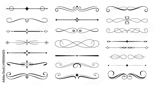 A large and ornate set of vintage calligraphic text dividers and page ornaments in classic black decorative line style, vector illustration for elegant design, invitations, editorial layouts, 