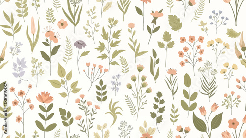 Delicate floral pattern featuring pastel colored wildflowers and greenery for