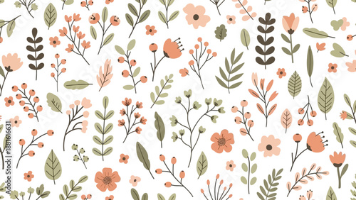 Delicate pastel floral pattern with an assortment of leaves and blossoms
