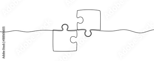 Two connected puzzle pieces. Symbol of cooperation, partnership, integration or problem-solving in one line art style with editable black stroke. Vector illustration.
