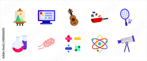 Education icons collection for school science social knowledge and creative subjects