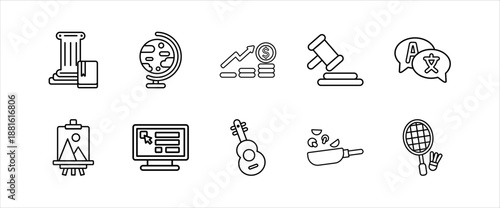 Comprehensive school education outline icons for science humanities language and skill studies