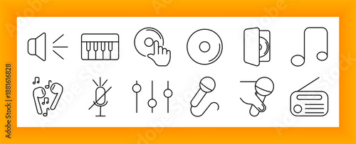 Audio tools set icon. Speaker, disc, radio, microphone, earphones, volume, sound, piano, controls, playlist, dj, track, podcast, vocal, music