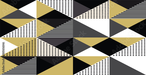 Geometric triangle pattern in black and gold colors with polka dots and stripes in mosaic style