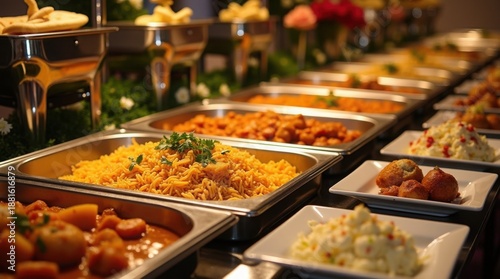 A long buffet table filled with various dishes of food and flowers