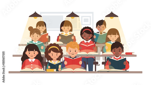 Group of children in classroom setting.