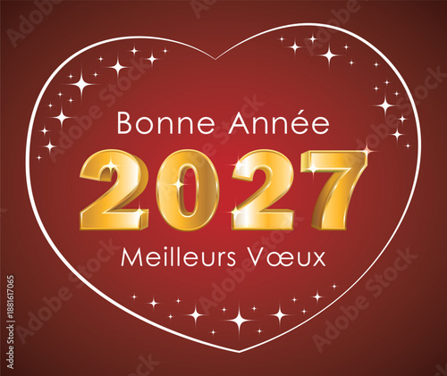 3D gold number 2027 and stars in a heart on a red background. Hand-drawn vector illustration. French greeting card. 