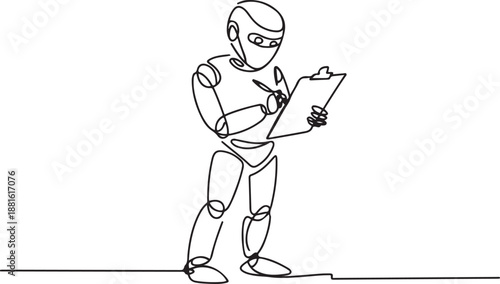 Single one line drawing robot standing and writing on clipboard.one line vector illustration with out background