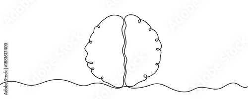 A stylized image of the human brain with two hemispheres and convolutions. A symbol of idea, intellect, science, and thought. Drawing in one line art style with editable black stroke. Vector illustrat