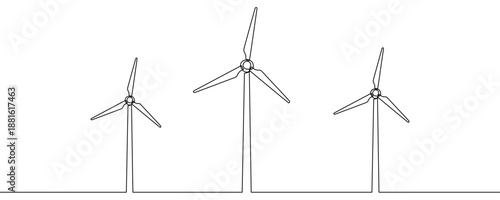 Three wind turbines symbolizing a wind farm or renewable energy. Drawing in one line art style with editable black stroke. Vector illustration.