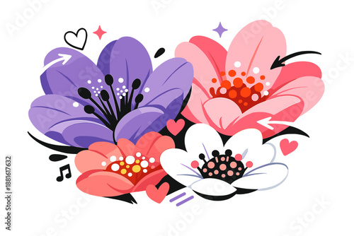 Spring flowers close-up. Large petals filling the frame, pollen details suggested with dots, soft curves