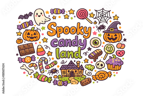 Spooky candy land. Hand-drawn doodle illustration of Spooky candy land. candies, pumpkins, ghosts, bats,