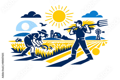 Sun-drenched farmland scene. Bright yellow crops reflecting sunlight, long shadows creating graphic contrast.