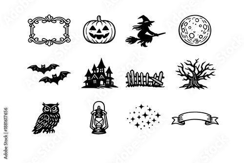 Retro spooky illustration. Line outline icon set of Retro spooky illustration: antique frame