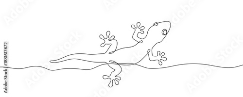 A stylized lizard or gecko crawling with spread legs. Drawing in one line art style with editable black stroke. Vector illustration.