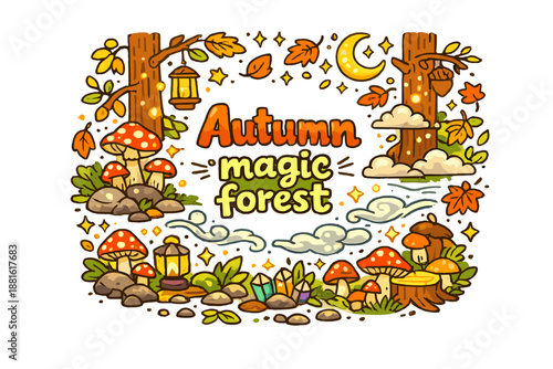 Autumn magic forest. Hand-drawn doodle illustration of Autumn magic forest. glowing foliage, tall trunks,
