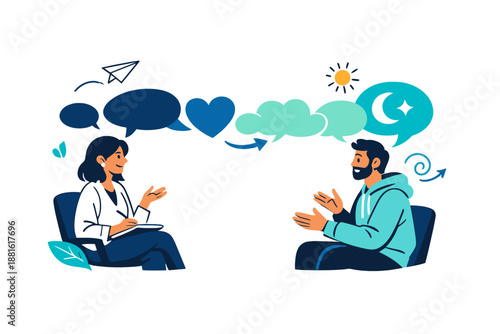 Therapy session concept. A therapist and client facing each other, speech bubbles transforming into soft