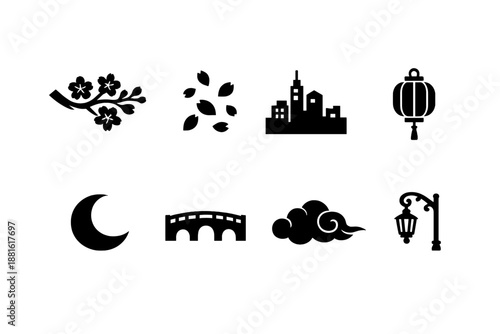 Cherry blossoms in dreamlike city. Filled icon set of Cherry blossoms in dreamlike city: